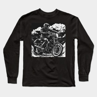 Black White Illustrative Muted Motorcycle Long Sleeve T-Shirt